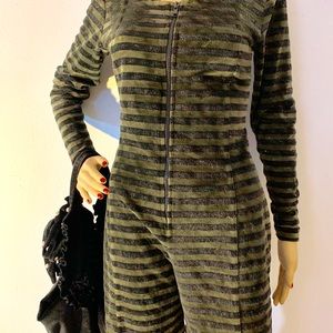 Velvet striped front zipper romper